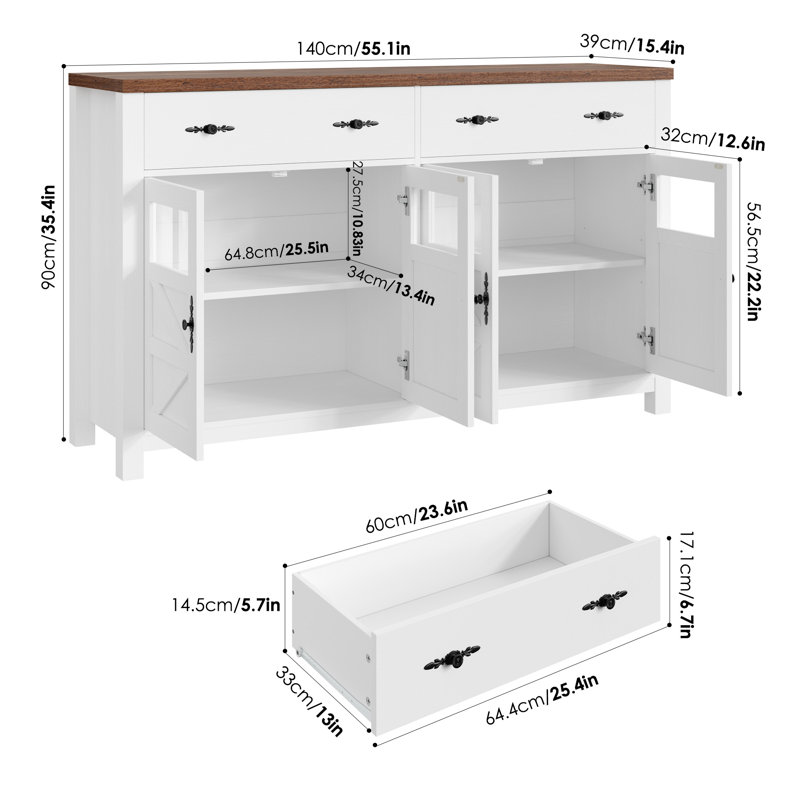 Almus 55'' Sideboard with 4 Glass Doors, 2 Large Drawers and Adjustable Shelves, White/Brown